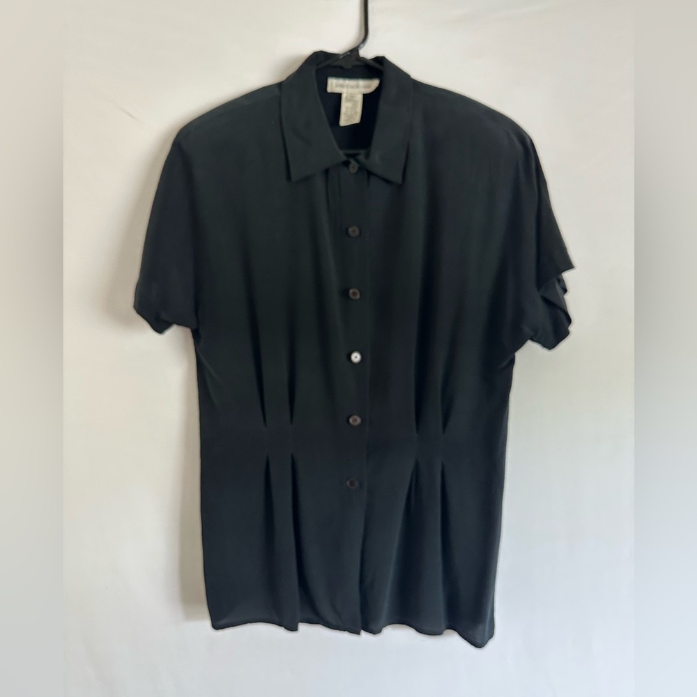 Jones New York Size 10 Women Black Button Up Silk Blouse Shirt Short Sleeve